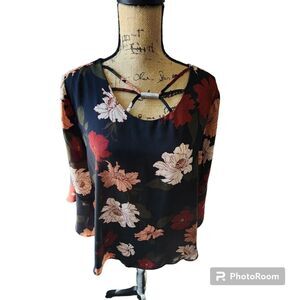 Cato Long Sleeve Blouse Womens SZ L Dark Romantic Floral Ruffle Metallic Bold